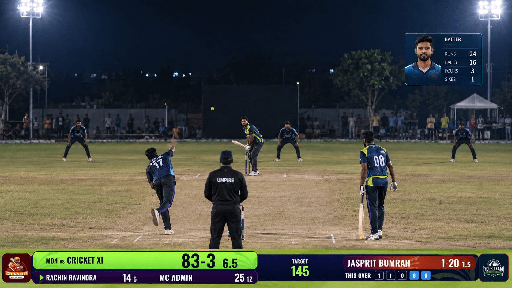 Cricket overlay ticker displaying live scores during a grassroots cricket broadcast